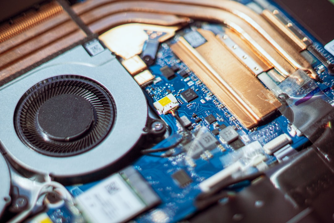 Close-up of a computer fan and circuitry